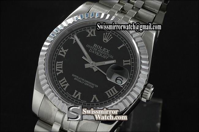Mens Rolex Datejust SS Black Dial Roman Markers Swiss Eta 2836-2 Replica Watches