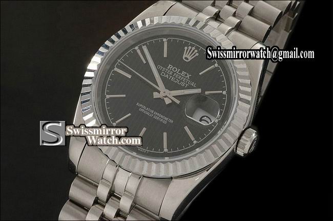 Mens Rolex Datejust SS Black Tux Dial Stick Markers Eta 2836-2 Replica Watches