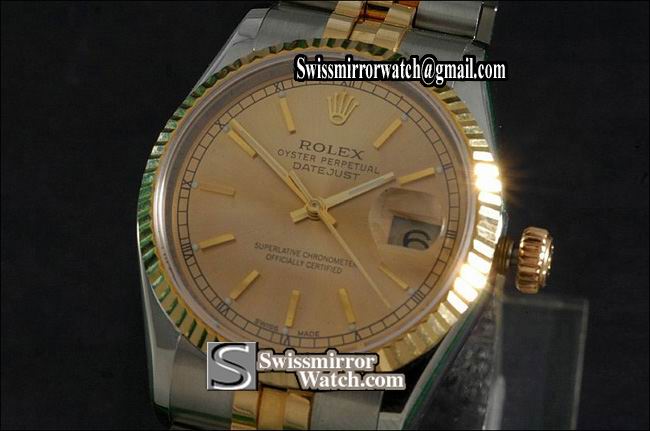 Mens Rolex Datejust 14K Wrapped TT Gold Dial, Stick Markers Eta 2836-2 Replica Watches