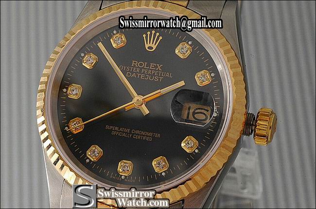 Mens Rolex Datejust 18K TT Black Dial Diamond Markers Eta 2836-2 Replica Watches