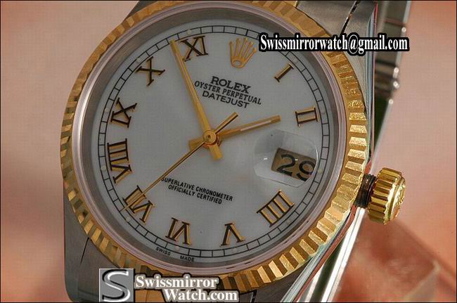 Mens Rolex Datejust 18K TT White Dial Roman Markers Eta 2836-2 Replica Watches