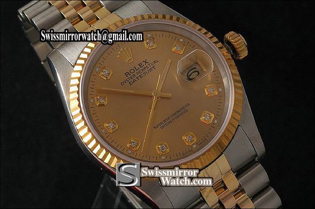 Mens Rolex Datejust 18K TT Gold Dial Diamond Markers Eta 2836-2 Replica Watches