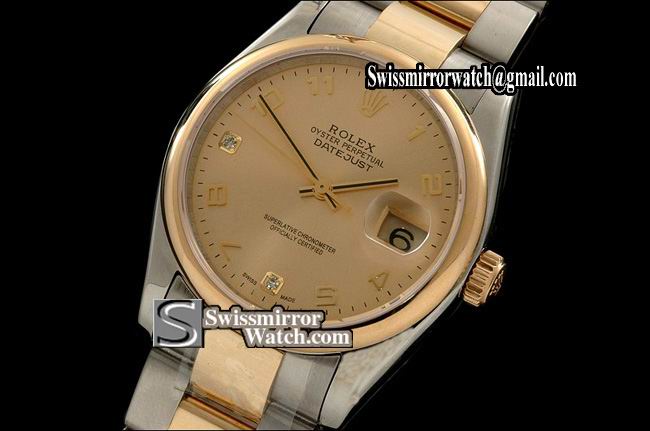 Mens Rolex Datejust 14K Wrapped TT Gold Dial Diam/Num Markers Osyter Eta Replica Watches
