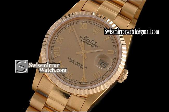 Mens Rolex Datejust FG Gold Dial Roman Markers Swiss Eta 2836-2 Replica Watches