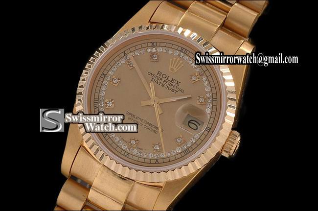 Mens Rolex Datejust FG Gold Dial Diamond Markers Swiss Eta 2836-2 Replica Watches