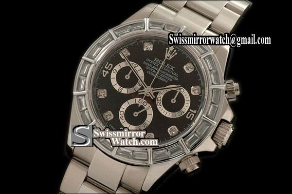 Rolex Daytona SS Black/Baguette Diam Asia 7750 Watches