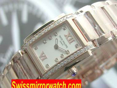 Patek Ladies 24 Hours Single Diamonds Rose Gold MOP Wht Swiss Quartz Replica Watches