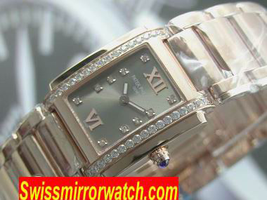 Patek Ladies 24 Hours Single Diamonds Rose Gold Grey Swiss Quartz Replica Watches