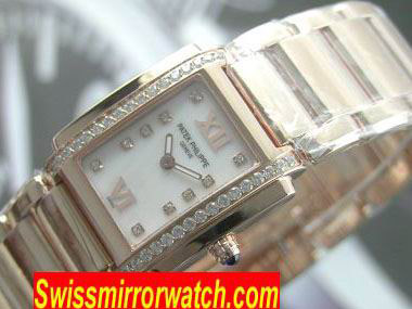Patek Ladies 24 Hours Single Diamonds Rose Gold Pearl MOP Wht Swiss Quartz Replica Watches