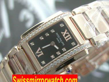 Patek Ladies 24 Hours Single Diamonds Rose Gold Black Swiss Quartz Replica Watches