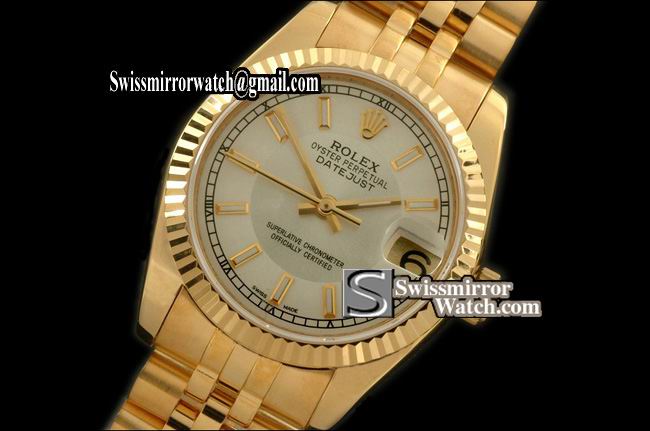 Midsize Rolex Datejust YG Jubilee Silver/White Sticks Swiss Eta 2836-2 Replica Watches
