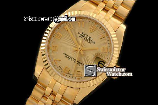 Midsize Rolex Datejust YG Jubilee Sunray Gold Numeral Swiss Eta 2836-2 Replica Watches