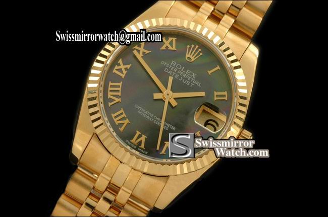 Midsize Rolex Datejust YG Jubilee MOP Black Roman Swiss Eta 2836-2 Replica Watches