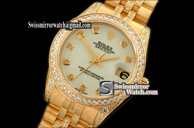 Midsize Rolex Datejust YG Jubilee Diam Bez/M-links P-White Diam Swiss Eta 2836-2 Replica Watches