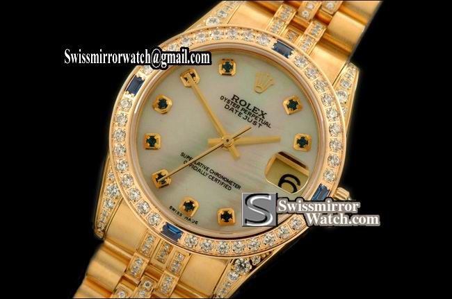 Midsize Rolex Datejust YG Jubilee Diam Bez/M-links MOP Wht Ruby S-Eta 2836-2 Replica Watches