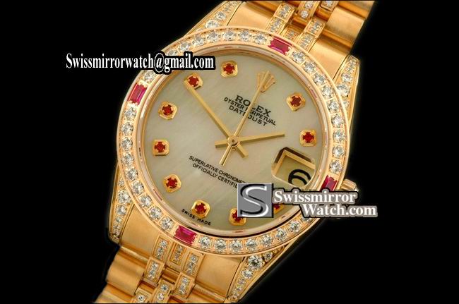 Midsize Rolex Datejust YG Jubilee Diam Bez/M-links MOP Wht Ruby S-Eta 2836-2 Replica Watches