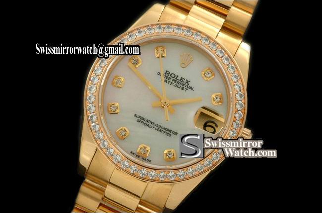Midsize Rolex Datejust YG Pres Diam Bez MOP White Diam Swiss Eta 2836-2 Replica Watches