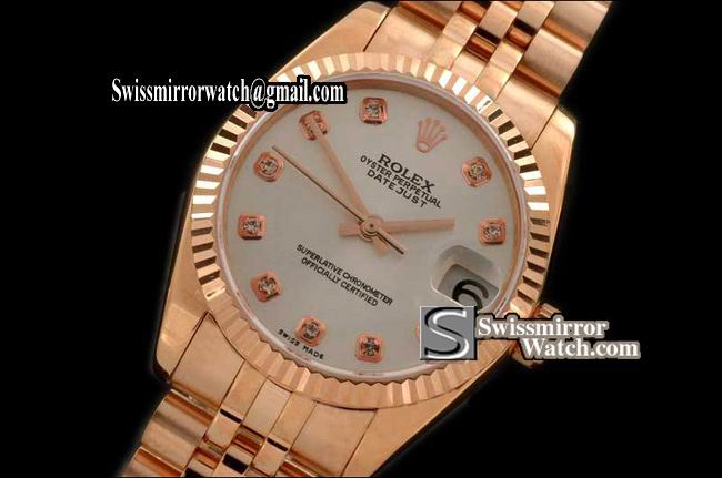 Midsize Rolex Datejust RG Jubilee Pearl White Diam Swiss Eta 2836-2 Replica Watches