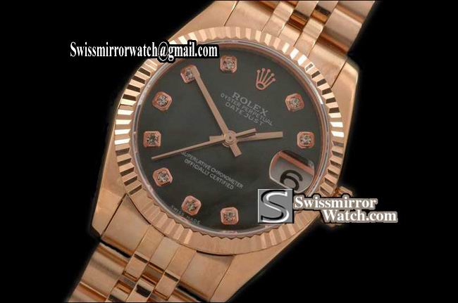 Midsize Rolex Datejust RG Jubilee MOP Black Diam Swiss Eta 2836-2 Replica Watches