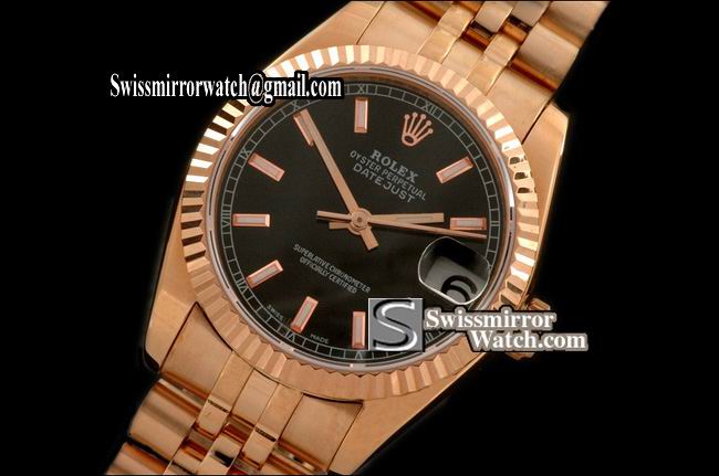 Midsize Rolex Datejust RG Jubilee Black Sticks Swiss Eta 2836-2 Replica Watches
