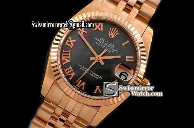 Midsize Rolex Datejust RG Jubilee MOP Black Roman Swiss Eta 2836-2 Replica Watches
