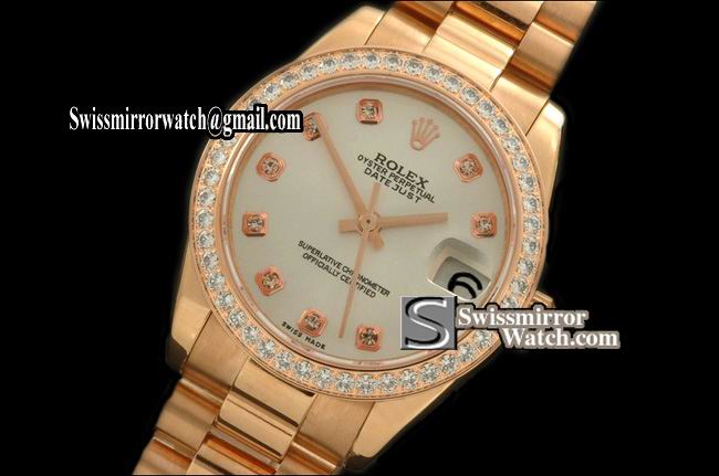 Midsize Rolex Datejust RG Pres Diam Bez Pearl White Diam Swiss Eta 2836-2 Replica Watches