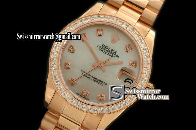 Midsize Rolex Datejust RG Pres Diam Bez MOP White Diam Swiss Eta 2836-2 Replica Watches