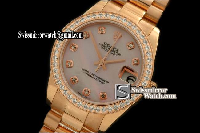 Midsize Rolex Datejust RG Pres Diam Bez MOP Pink Diam Swiss Eta 2836-2 Replica Watches