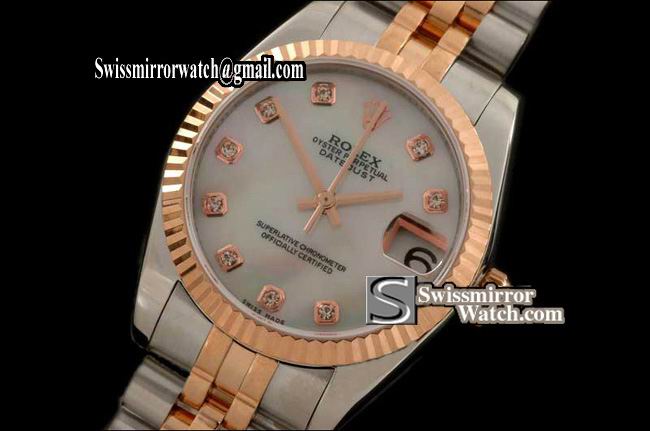 Midsize Rolex SS/RG Jubilee MOP White Diam Swiss Eta 2836-2 Replica Watches