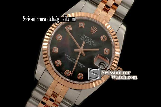 Midsize Rolex SS/RG Jubilee MOP Black Diam Swiss Eta 2836-2 Replica Watches