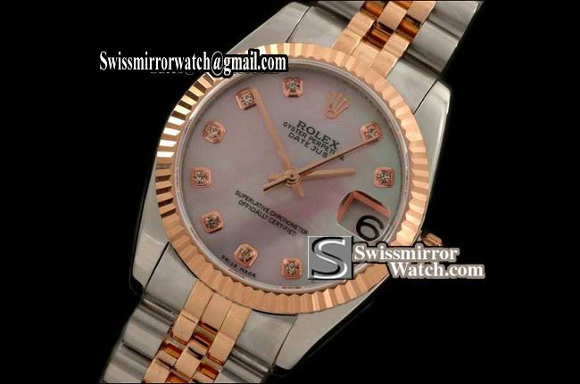 Midsize Rolex SS/RG Jubilee MOP Pink Diam Swiss Eta 2836-2 Replica Watches