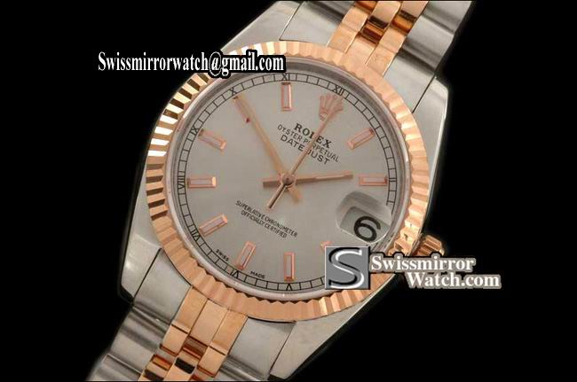 Midsize Rolex SS/RG Jubilee Pearl White Sticks Swiss Eta 2836-2 Replica Watches