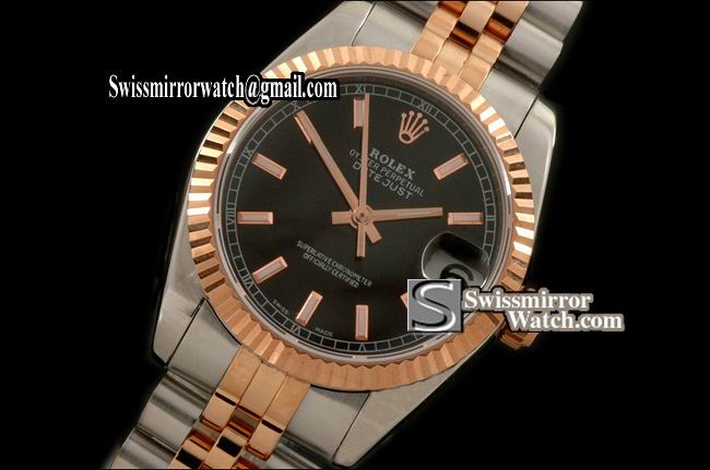 Midsize Rolex SS/RG Jubilee Black Sticks Swiss Eta 2836-2 Replica Watches