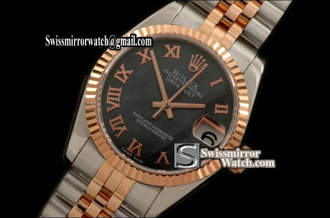 Midsize Rolex SS/RG Jubilee MOP Black Roman Swiss Eta 2836-2 Replica Watches