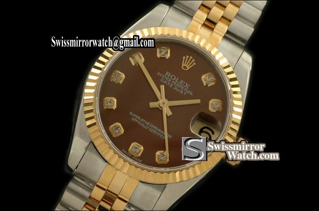 Midsize Rolex SS/YG Jubilee Brown Diam Swiss Eta 2836-2 Replica Watches