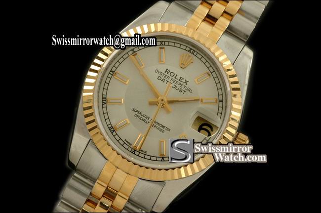 Midsize Rolex SS/YG Jubilee Silver/White Sticks Swiss Eta 2836-2 Replica Watches