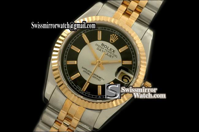 Midsize Rolex SS/YG Jubilee Black/Silver Sticks Swiss Eta 2836-2 Replica Watches