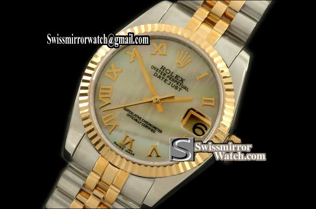 Midsize Rolex SS/YG Jubilee MOP White Roman Swiss Eta 2836-2 Replica Watches