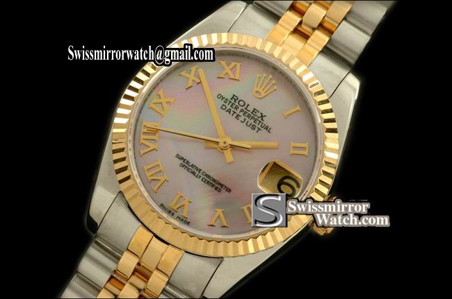 Midsize Rolex SS/YG Jubilee MOP Pink Roman Swiss Eta 2836-2 Replica Watches