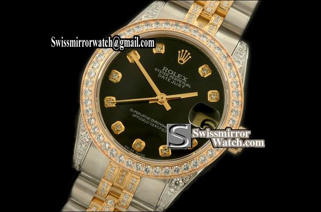 Midsize Rolex SS/YG Jubilee Diam Bez/M-Link Black Diam S-Eta 2836-2 Replica Watches