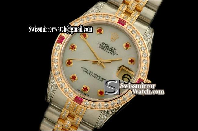 Midsize Rolex SS/YG Jubilee Diam Bez/M-links MOP Wht Ruby S-Eta 2836 Replica Watches