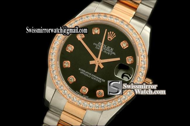 Midsize Rolex SS/YG Pres Diam Bez Pearl Black Diam Swiss Eta 2836-2 Replica Watches