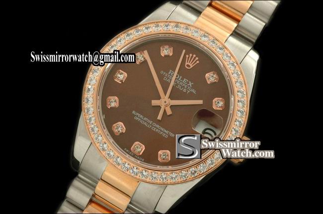 Midsize Rolex SS/YG Pres Diam Bez Pearl Brown Diam Swiss Eta 2836-2 Replica Watches