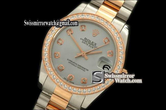 Midsize Rolex SS/YG Pres Diam Bez Pearl Light Blue Diam Swiss 2836 Replica Watches
