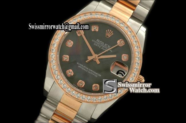 Midsize Rolex SS/YG Pres Diam Bez Pearl M-Blk Diam Swiss Eta 2836-2 Replica Watches