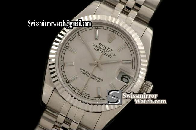 Midsize Rolex SS Jubilee Silver/White Sticks Swiss Eta 2836-2 Replica Watches