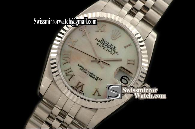 Midsize Rolex SS Jubilee MOP White Roman Swiss Eta 2836-2 Replica Watches