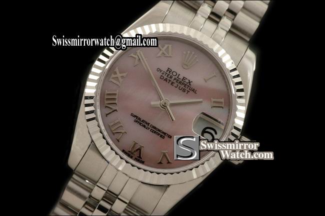 Midsize Rolex SS Jubilee MOP Pink Roman Swiss Eta 2836-2 Replica Watches