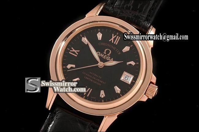 Omega DeVille RG Black Dial Leather Strap Swiss Eta 2824-2 Replica Watches