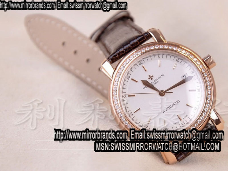 Luxury Vacheron Constantin Rose Gold/Diamond bezel White in Swiss Eta 2824-2 Replica Watches